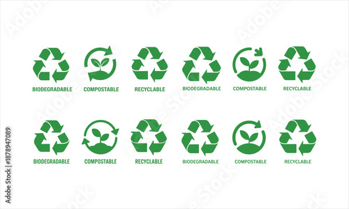 Green Biodegradable Compostable Recyclable Icons with Plant and Arrows friendly