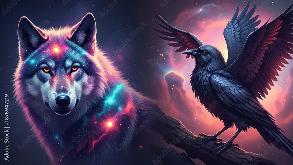 Obraz premium A wolf and a raven in a cosmic, nebulous background.