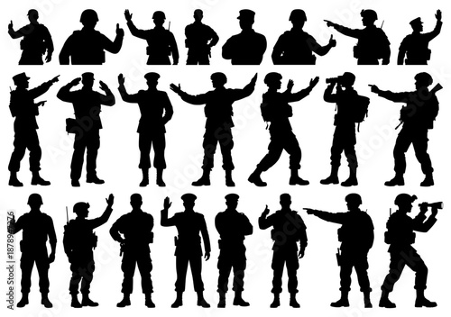 Military Soldier and Officer Silhouettes Set with Command Gestures and Tactical Communication on Transparent Background