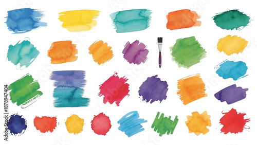 Vibrant paintbrush strokes in various colors arranged on a clean white surface viewed from directly above