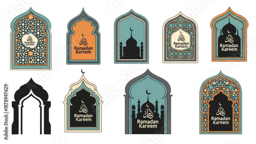 Collection of Islamic Arches and Domes Silhouettes with Crescent Moon and Stars in Various Decorative Frames