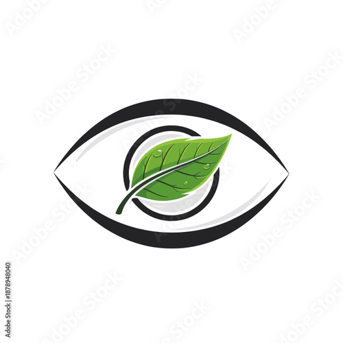 A stylized eye symbol with a vibrant green leaf at its center, representing nature's vision or ecological awareness.