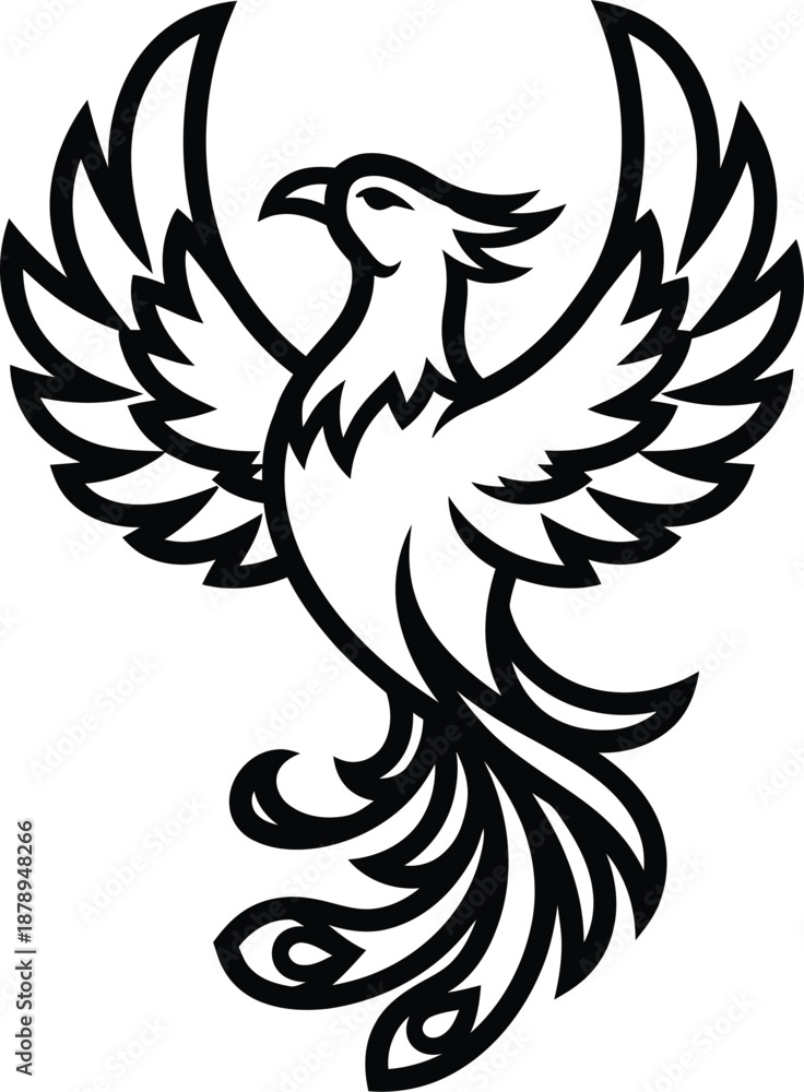 Fototapeta premium Artistic black and white illustration of a stylized phoenix bird with outstretched wings and detailed feathers for mythical creature branding and rebirth or freedom and power logo designs