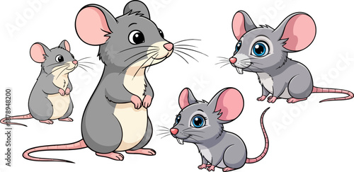 Adorable cartoon family of four gray mice standing together illustrating cute rodent characters on white background