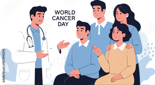 Illustration of a doctor talking to a seated patient and their supportive family members on World Cancer Day with a compassionate mood.