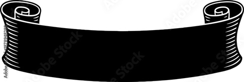 Blank scroll banner with antique design, black ribbon and empty space. Modern elegant decorative flag element. Vector illustration for announcement, ad, label