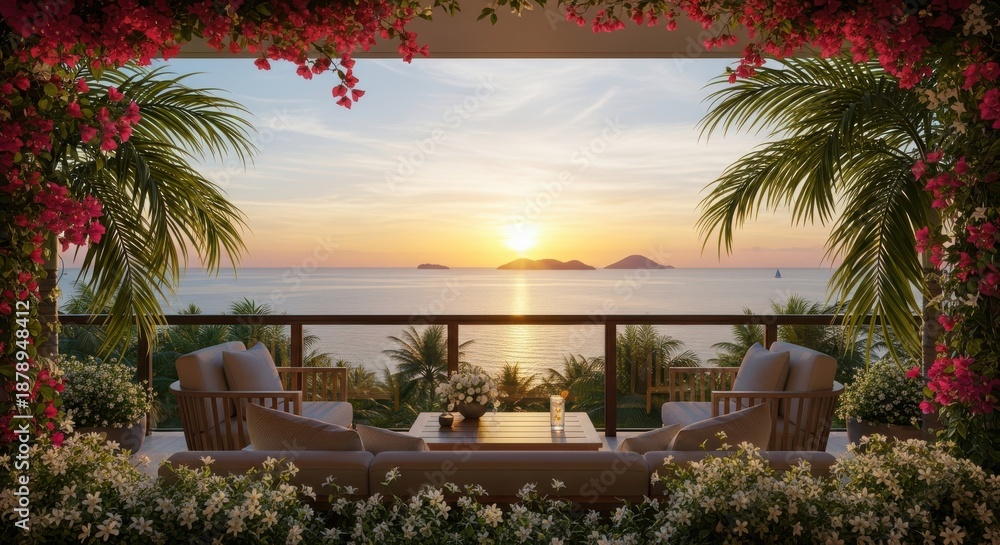 Fototapeta premium Luxurious balcony overlooks tropical ocean view during golden hour sunset