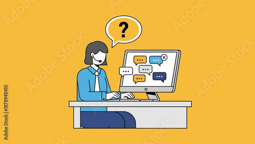 Woman Working on Computer with Question.