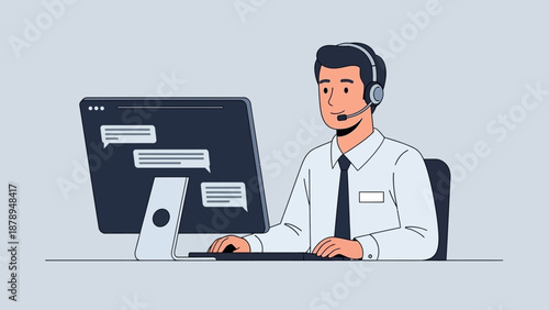 Man Wearing Headset Working on Computer.