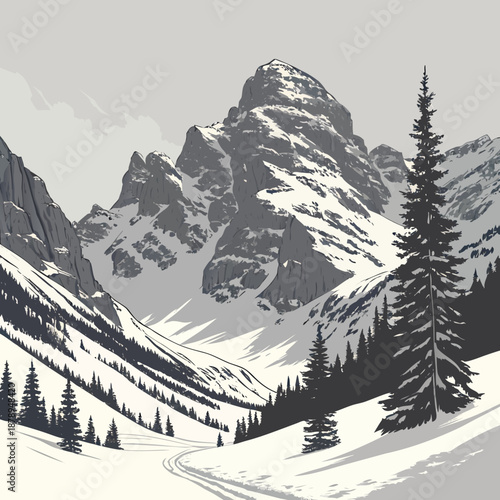 Snow draped mountains with realistic lighting winter