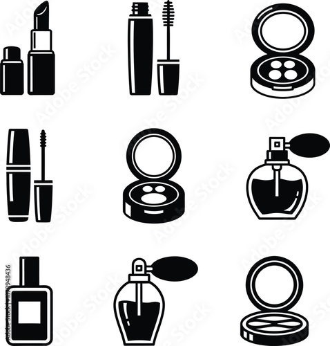 Grid layout of black and white makeup products and perfume bottles including lipstick and mascara for beauty retail branding and fashion catalog or cosmetic shop advertising graphics