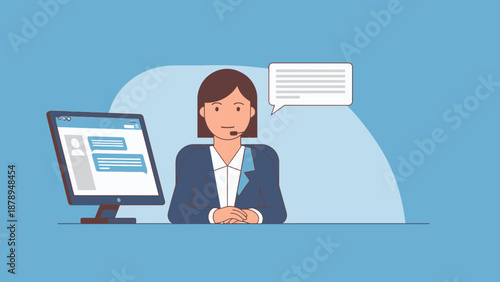 Businesswoman Working on Computer with Speech Bubble.