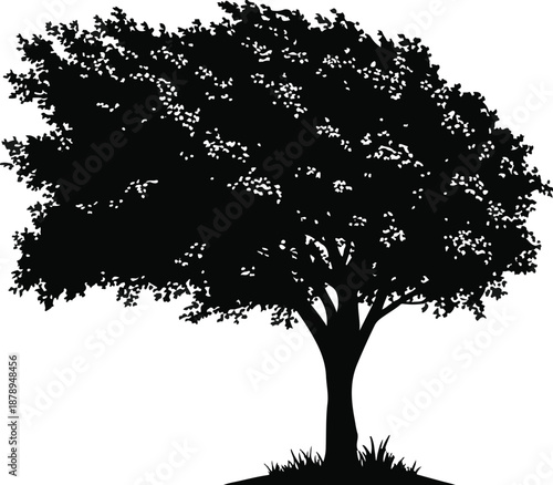 Black silhouette of a leafy deciduous tree with grass isolated on white background
