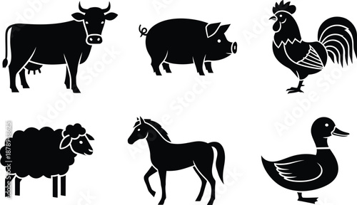 Collection of black and white silhouettes of farm animals including cow and pig plus rooster and sheep or horse and duck for agriculture branding and local ranch or livestock industry