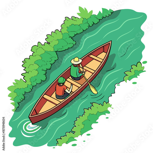 Vivid Shallow River with Canoe and Two Paddlers paddling