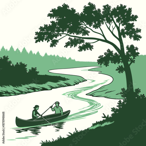 Green of two people canoeing on a river tree nature
