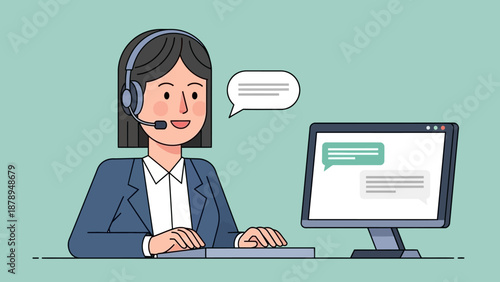 Woman Wearing Headset Working on Computer.