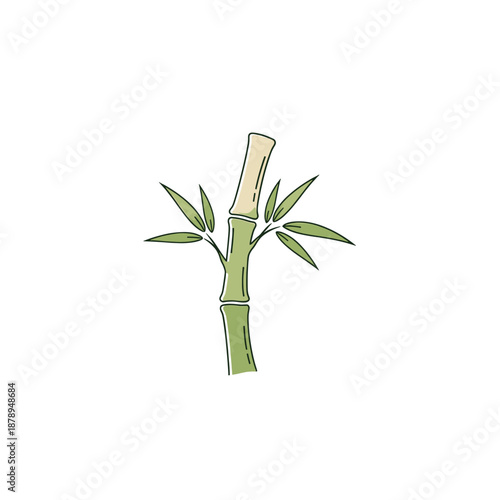 A simple, stylized illustration of a green bamboo stalk with a few leaves.