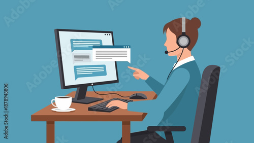 Woman Working on Computer with Headset.