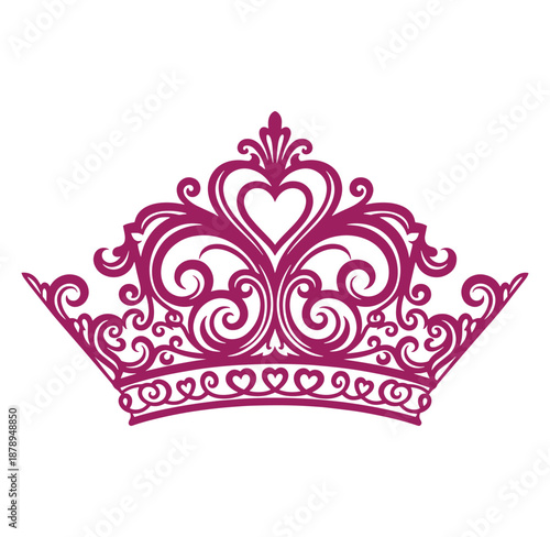 Pink tiara crown with heart and swirl design isolated on white background