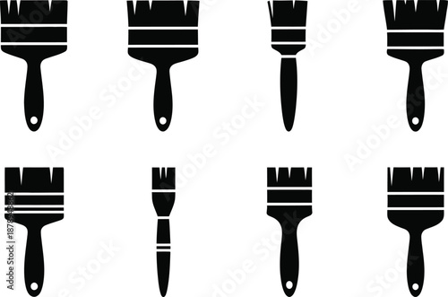 Set of six black and white paintbrushes with different handles and bristles for artistic workshop branding and home painting or school hobby and creative fine art studio equipment