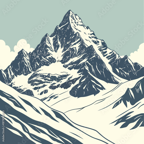 Snow covered mountain range with pointed peak and clouds