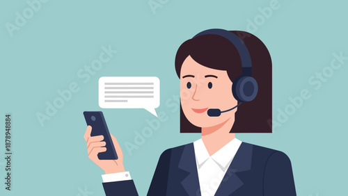 Customer Service Representative Wearing Headset Holding Phone.