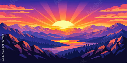 The sun sets behind the mountains, painting the sky with calm and warmth