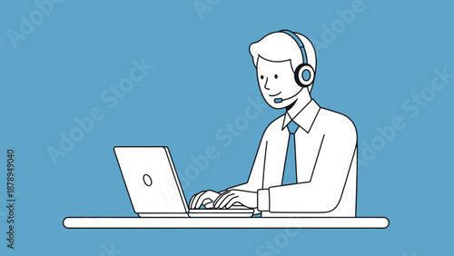 Man Wearing Headset Working on Laptop.