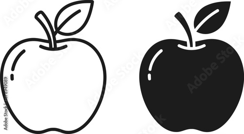 Two black and white apples with fresh leaves in a simple line art style for fruit market branding and healthy organic food or kitchen garden and grocery shop autumn harvest graphics