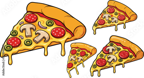 Cartoon style illustration featuring four delicious slices of melted cheese pepperoni and mushroom pizza on white background