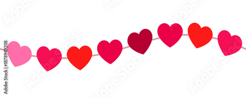 A festive vector garland featuring assorted red and pink hearts on a single string. Ideal for Valentine's Day, weddings, love-themed events, or romantic greeting cards.
