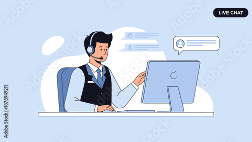 Customer Support Representative Working on Computer.