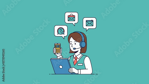 Woman with Headphones Working on Laptop Computer.