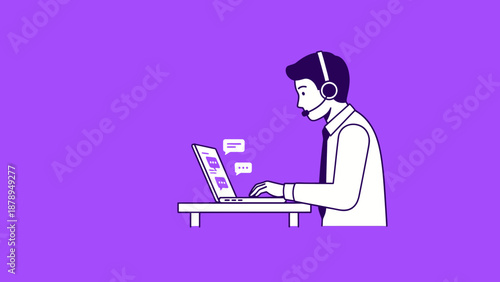 Man Wearing Headphones Working on Laptop.