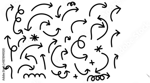 Collection of hand drawn arrows and symbols on white background