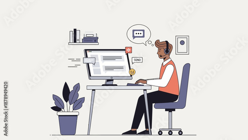 Man Working on Computer at Desk.