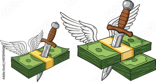 Cartoon illustration showing stacks of cash with swords piercing through them and small angel wings flying on white background