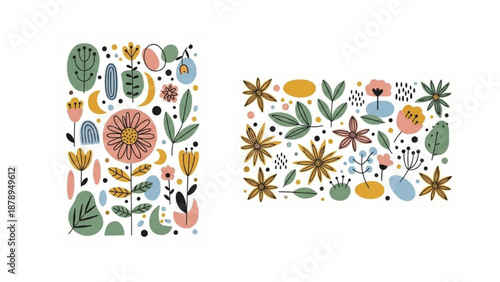 Vibrant floral patterns and leaves in diverse shapes and colors, showcased from a straightforward viewpoint