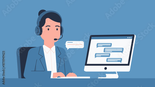 Woman Wearing Headset Working on Computer.