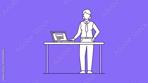 Man Standing Using Laptop at Desk.