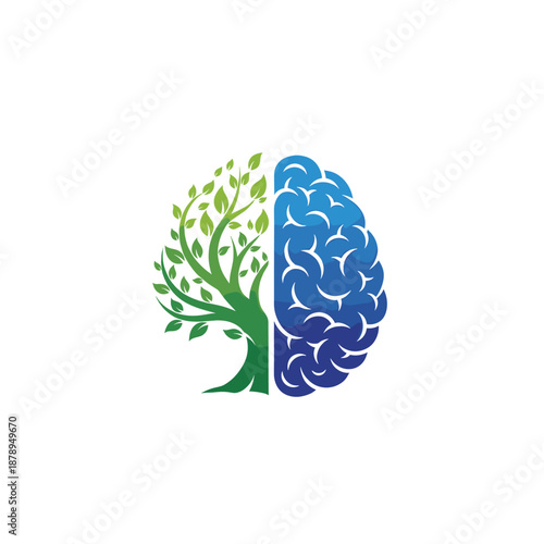 A creative logo depicting a human brain with one half as a vibrant green tree and the other as a blue brain structure, symbolizing growth and mental health.