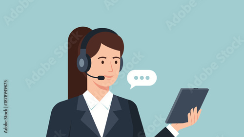 Woman Wearing Headset Holding Digital Tablet.
