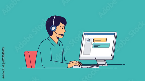 Man Wearing Headset Working on Computer.