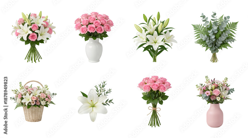 Fototapeta premium Flower bouquet set including pink roses and white lilies in vases and baskets isolated. Floral arrangement and gift collection.