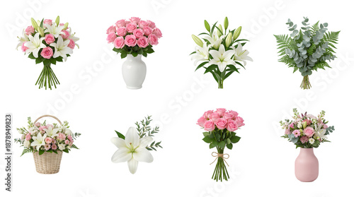 Flower bouquet set including pink roses and white lilies in vases and baskets isolated. Floral arrangement and gift collection.