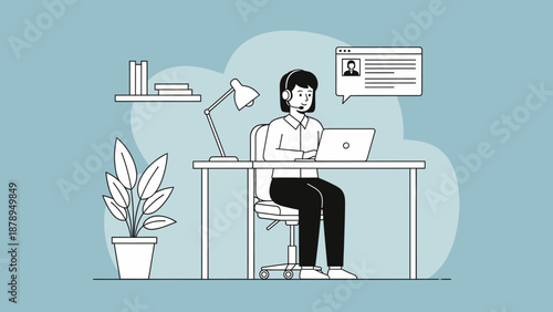 Woman Working on Laptop at Desk.