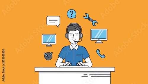 Man Working on Computer with Icons.