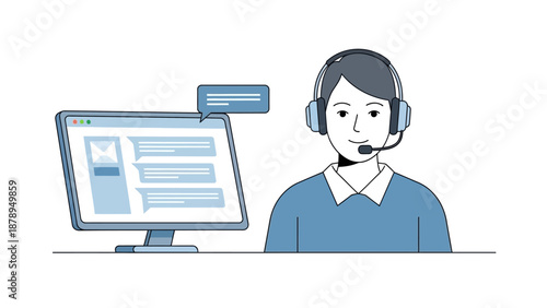 Customer Service Representative Wearing Headset Working.