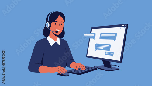 Woman Wearing Headset Working on Computer.